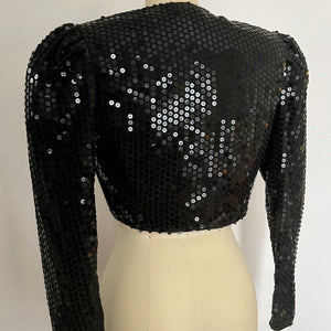 VINTAGE BLACK SEQUIN OPEN CROP TOP JACKET - SIZE S