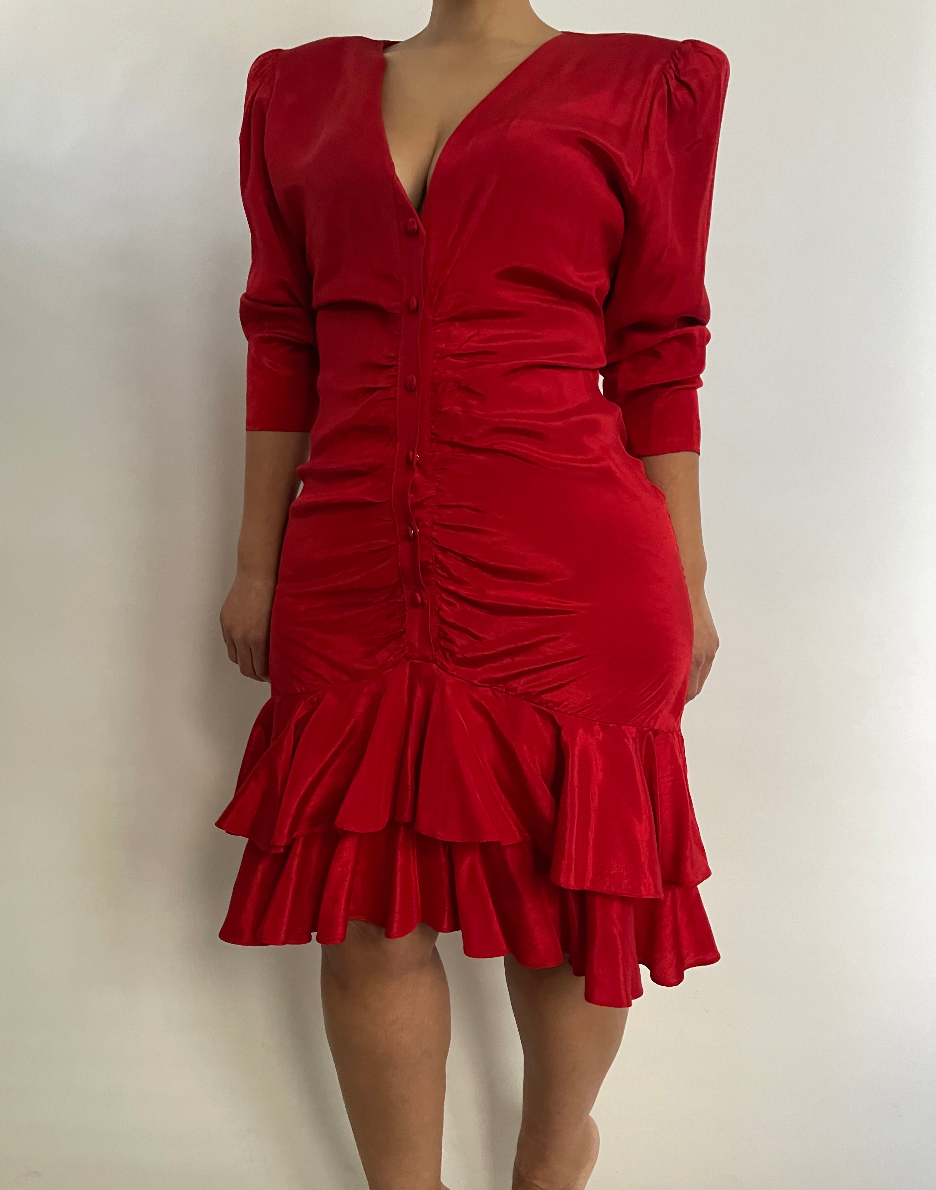 VINTAGE DUPIONI SILK RED LONG SLEEVE RUCHED FRONT DRESS - SIZE M