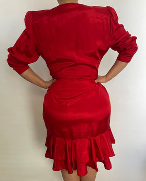 VINTAGE DUPIONI SILK RED LONG SLEEVE RUCHED FRONT DRESS - SIZE M